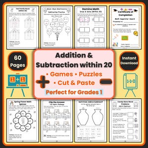 Hojas de trabajo de suma y resta: Paquete divertido de matemáticas de primer grado (Descargar PDF)