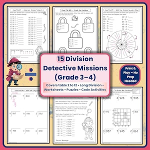 May include: A colorful educational worksheet set titled "15 Division Detective Missions (Grade 3-4)". The worksheets include long division problems, puzzles, and code activities. The image also features a detective theme with a magnifying glass.