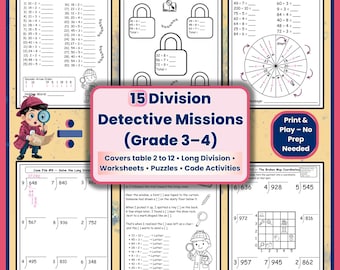 Arkusze do dzielenia – pakiet tajemnic | Ćwiczenia dla klas 3–4 | Długie dzielenie, zagadki i ćwiczenia detektywistyczne
