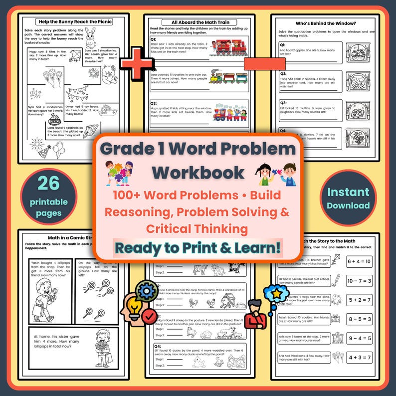 Grade 1 Math Workbook: Addition and Subtraction Word Problems + Logic ...