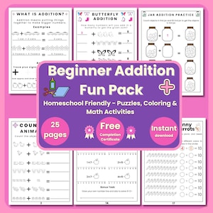 Beginner Addition Worksheets for Preschool& Kindergarten | Printable Math Activities | Homeschool Learning | Digital Download
