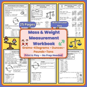 Puede incluir: Un cuaderno de trabajo sobre medición de masa y peso, con ejercicios sobre gramos, kilogramos, onzas y libras. Incluye conversiones, balanzas y problemas. Diseñado para imprimir y usar fácilmente.