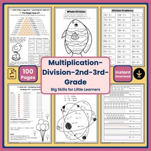May include: A 100-page digital educational workbook titled Multiplication-Division-2nd-3rd-Grade Big Skills for Little Learners, featuring black and white maths worksheets with illustrations of chicks, whales, balloons, and planets for primary students.