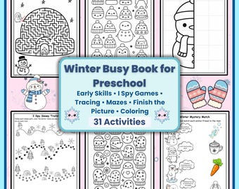 Zimowa książka z zadaniami dla przedszkolaków | Śledzenie • Labirynty • I Spy • Liczenie (do druku w formacie PDF)