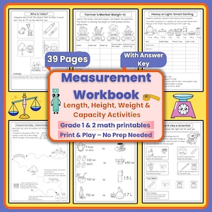 May include: A workbook for Grade 1 & 2 students with measurement activities. The workbook includes activities on length, height, weight, and capacity. The cover features the title "Measurement Workbook" and the text "Print & Play - No Prep Needed".