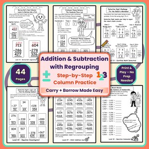 Addition & Subtraction with Regrouping | Carry and Borrow Math Workbook | Grades 2–3 Printable PDF