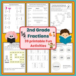 Grade 2 Fractions Worksheets Bundle | 39 Fun Math Activities for Kids | Fraction Games | Printable homeschool and classroom worksheets