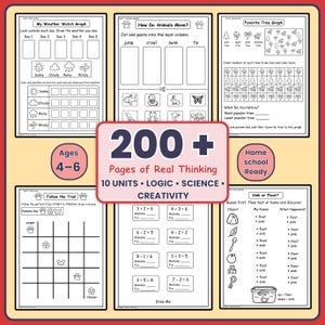 May include: A collection of educational worksheets featuring black and white line art activities for children. The pages include weather graphs, animal movement sorting, tree counting, pattern trails, basic maths equations, and sink or float experiments.
