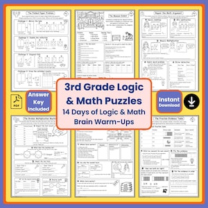 Puede incluir: Una colección de hojas de trabajo 3rd Grade Logic & Math Puzzles con 14 días de ejercicios mentales. Las páginas incluyen diagramas, problemas matemáticos y desafíos titulados The Folded Paper Problem, The Museum Exhibit, Repair the Math Argument, The Broken Multiplication Machine y The Fraction Evidence Table.