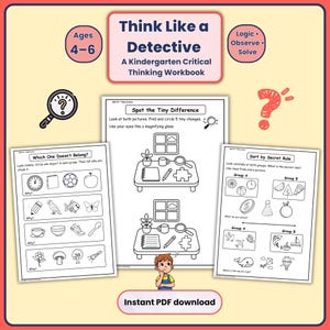 以下が含まれることがあります： Think Like a Detectiveという幼稚園児向けのクリティカルシンキングワークブック。白黒の線画で描かれた3つのアクティビティページが含まれており、Spot the Tiny Difference、Which One Doesn't Belong、Sort by Secret Ruleといった練習問題が掲載されています。