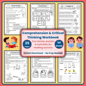 May include: A workbook for 1st grade students with 35 pages of reading comprehension and critical thinking activities. The cover features illustrations of children reading and the text "Comprehension & Critical Thinking Workbook".