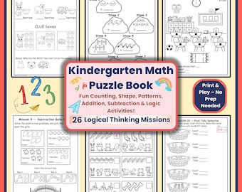 Książka z łamigłówkami matematycznymi dla przedszkolaków | Logika, liczenie, dodawanie, kształty, wzory, myślenie krytyczne (PDF)