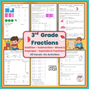 May include: A colorful educational worksheet titled "3rd Grade Fractions" with various math problems. The worksheet includes addition, subtraction, mixed, improper, and equivalent fractions. There are also illustrations of children and fractions.