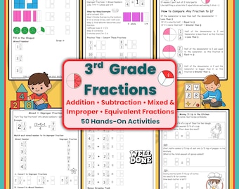 Arkusze ćwiczeń z ułamków dla klasy 3 | Dodawanie, odejmowanie, ułamki mieszane i ułamki niewłaściwe (PDF)