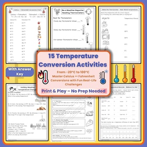 May include: Educational worksheet with 15 temperature conversion activities, ranging from -20°C to 100°C. Includes Celsius to Fahrenheit conversions, real-life challenges, and a weather reporter section. Features a conversion chart and answer key.