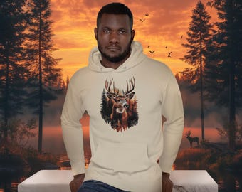 Sudadera con capucha con estampado de ciervos y bosque: jersey unisex de naturaleza