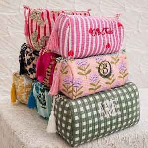 Embroidered Quilted Toiletry Bag With Zipper | Travel Cosmetic Pouch | Custom Block Print Makeup Bag | Girls Trip Gifts