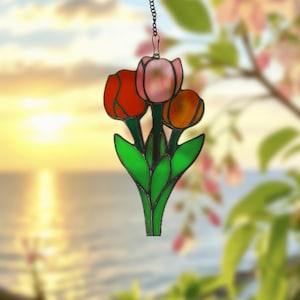 Handmade Stained Glass Tulip Panel: Floral Window & Desk Decor