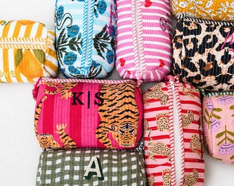 Personalized Block Print Makeup Bag | Bridesmaid Proposal Gift | Custom Embroidered Quilted Toiletry Bag | Bridal Party Favor