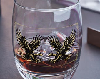Gold And Black Eagles With Flourish Art On 6 oz Whiskey Glass, Shot Glass, Bourbon Glass And Other Barware Spirits Drinks