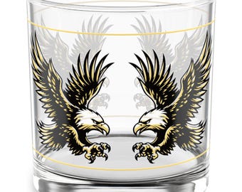 Pair Of Gold Striking Eagles Art On 10 oz Rocks Glass Barware Tumbler For Whiskey, Shots And Other Spirits For Bar Drinks