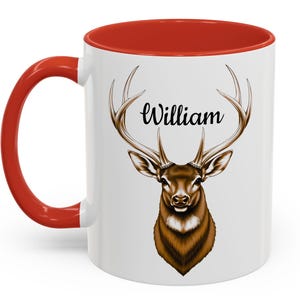 Whitetail Deer Buck With Custom Name Wildlife Design On Accent Two Tone Colored Ceramic Coffee Mug Two Sizes, Seven Colors To Choose From