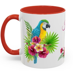 Pretty Macaw Parrot Bird With Flowers Wildlife And Custom Name On Accent Two Tone Colored Ceramic Coffee Mug 2 Sizes, 7 Colors