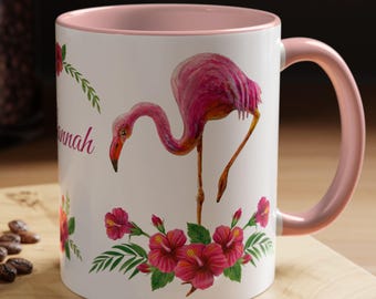 Pink Flamingos And Flowers Flamingo Bird Wildlife With Custom Name On Accent Two Tone Colored Ceramic Coffee Mug 2 Sizes, 7 Colors