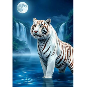 Bellissima tigre bianca sotto la luna piena con cascate sullo sfondo, poster da parete verticale opaco con fauna selvatica, sei dimensioni