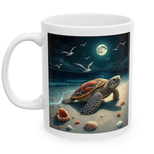 Cute Sea Turtle On The Beach At Night Under A Full Moon Sea Life Design On Ceramic Coffee Mug Two Sizes