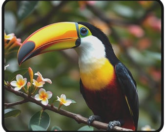 Alfombrilla de ratón antideslizante con diseño de tucán colorido en un árbol, ideal para juegos