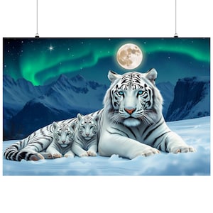 Bellissima tigre bianca mamma e due cuccioli in montagne innevate con aurora boreale luminosa, poster da parete orizzontale opaco, otto dimensioni