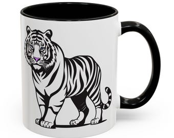 Taza de café de cerámica bicolor con diseño de tigres blancos de ojos azules, dos tamaños y 6 colores a elegir.