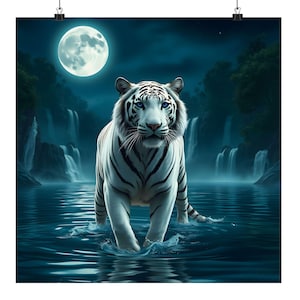 Bellissimo poster da parete quadrato opaco con tigre bianca al chiaro di luna e cascate, fauna selvatica, cinque dimensioni