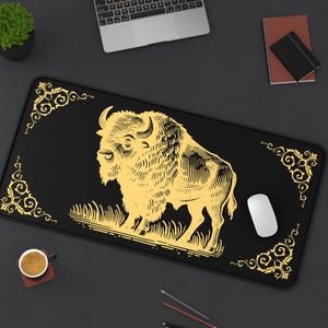 Gold American Bison Buffalo With Flourishes Wildlife Art Design On Non-slip Desk Mat, Mouse Pad, Computer Pad 3 Sizes