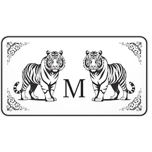 Pair Of White Tigers With Custom Monogram Tiger Wildlife Art Design On Non-slip Desk Mat, Mouse Pad, Computer Pad 3 Sizes, 7 color choices