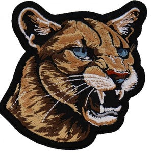 Snarling Blue Eyed Brown Mountain Lion Cougar Big Cat Animal Wildlife Embroidered Patch Small Size