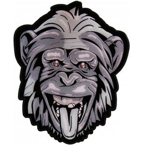 May include: A close-up of a gray and black cartoon monkey face with a wide open mouth and tongue sticking out. The monkey has a mischievous expression.