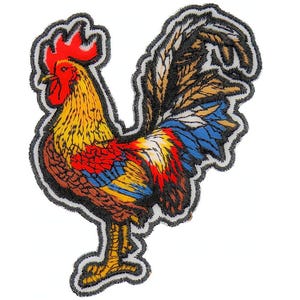 May include: A colorful embroidered patch of a rooster with a red comb and wattle, yellow body, brown wings, and a blue and red tail.