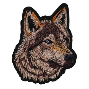 May include: Embroidered patch of a wolf's head with brown, tan, and black fur. The wolf has a serious expression with piercing blue eyes.