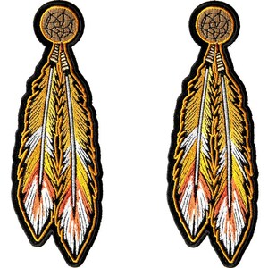 May include: Two embroidered patches with a feather design and a dreamcatcher at the top. The feathers are yellow, orange, and white, with a black outline. The dreamcatcher is brown and tan.