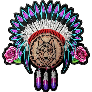 May include: Embroidered patch featuring a Native American headdress design with a wolf in the center. The patch has a black border, with turquoise, purple, and white accents. Two pink roses are on either side of the headdress.