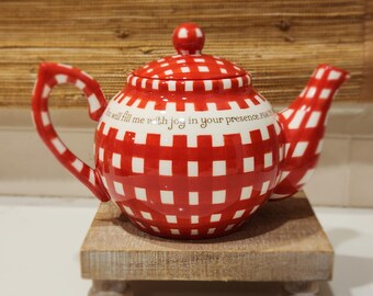 Red and White Checkered Teapot by DaySpring with Psalm 16:11 Written on It