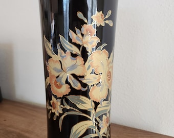 Japanese Porcelain Vase 11" Black Finish with Bright Floral Design Made in Japan