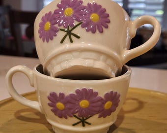 Set of 2 Ceramic Tea/Coffee Cups with Purple and Yellow Daisies ~ 3.5"D & 2.5"H