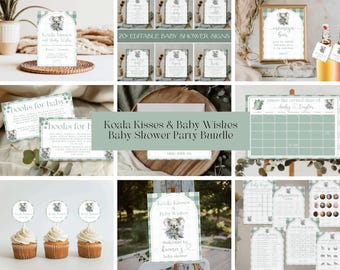 Op de afbeelding: Een verzameling babyshower-feestartikelen met een koala-beerthema. De set bevat borden, cupcake-toppers en een kalender, allemaal in een zachtgroen en wit kleurenschema. De tekst "Koala Kisses & Baby Wishes" is zichtbaar.