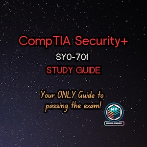 Può includere: Una guida di studio per l'esame CompTIA Security+, con il testo "SYO-701 STUDY GUIDE" e "Your ONLY Guide to passing the exam!" su uno sfondo blu scuro con stelle bianche.