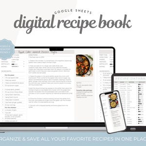Digital Recipe Book - Google Sheets Template | Editable Cookbook Organizer Spreadsheet with Recipe Cards, Categories & Notes Section
