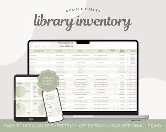 Personal Library Inventory Tracker Spreadsheet - Google Sheet Template Organize Ebooks, Audiobooks, and Physical Books, Green