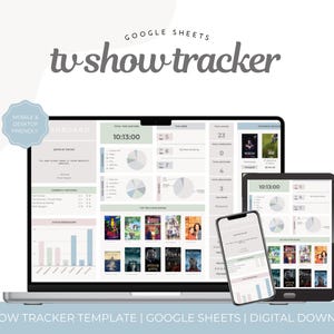 Puede incluir: Una plantilla digital de seguimiento de series de televisión que se muestra en una computadora portátil, una tableta y un teléfono inteligente. La interfaz presenta gráficos, títulos de programas y el texto "tv show tracker". El diseño es compatible con dispositivos móviles y de escritorio.